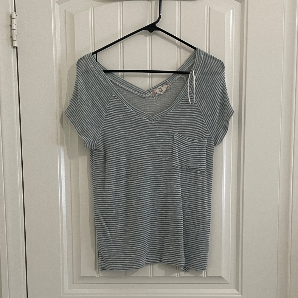Pink Rose Gray Striped Short Sleeve Top